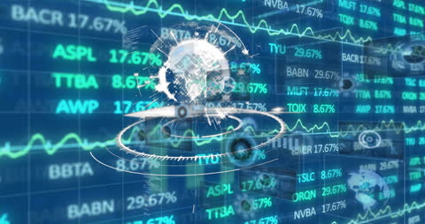 Animated Globe Overlay with Stock Market Data and Digital Effects