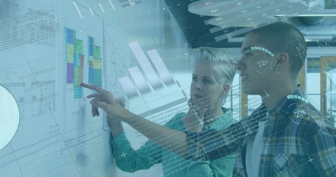 Diverse Team Analyzing Data with Dynamic Graphics Overlay