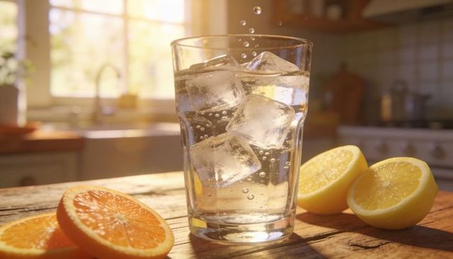 Refreshing sparkling water with ice and citrus on sunlit kitchen countertop