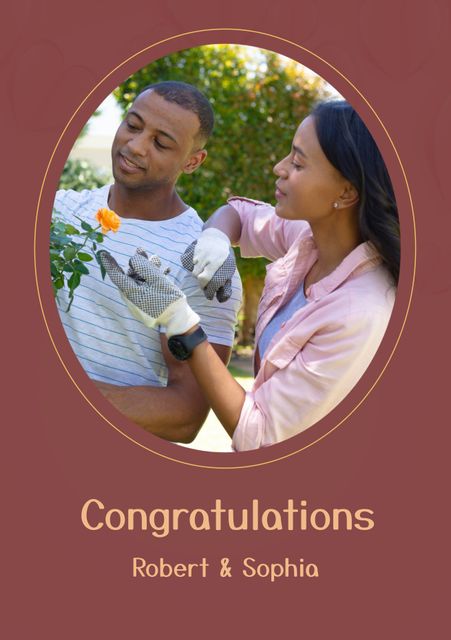 Couple enjoying a gardening activity, celebrating their success. Heartwarming image perfect for illustrating teamwork, bonding, and spending quality time in nature. Suitable for greeting cards, lifestyle blogs, and social media posts focusing on relationships, accomplishments, and outdoor activities.