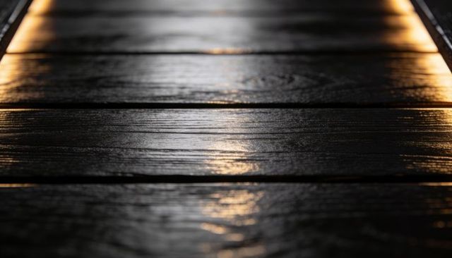 Moody glossy dark wood planks reflecting warm amber light with deep grain and wet sheen