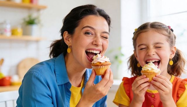 Mother and Daughter Enjoying Cupcakes Laughing Together in Bright Home Kitchen