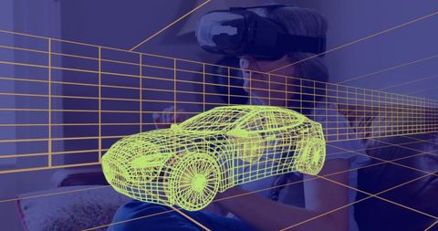 Woman using vr headset interacting with 3d car model at home