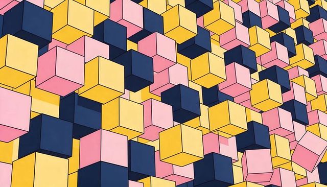 Isometric cubes seamless geometric pattern pink yellow navy blocks with bold black outlines