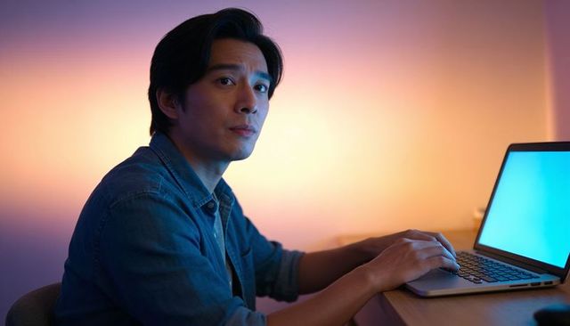 Focused young man typing on laptop at ambient home workspace with glowing screen at dusk