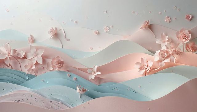 Featuring pastel paper waves and origami roses with layered floral sculpture backdrop