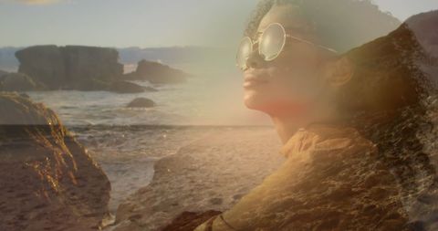 Portrait of Woman in Sunglasses Over Scenic Beach Landscape