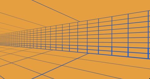 Abstract Digital Tunnel with Orange and Blue Grid Design