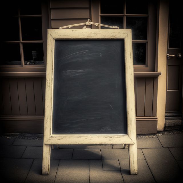A vintage chalkboard stands on the sidewalk in front of a building. The wooden frame has a distressed look, giving it a rustic, old-fashioned charm. The chalkboard is currently empty. This can be used for promoting a cafe, shop, or restaurant, or in advertisements aiming for a nostalgic or retro feel.