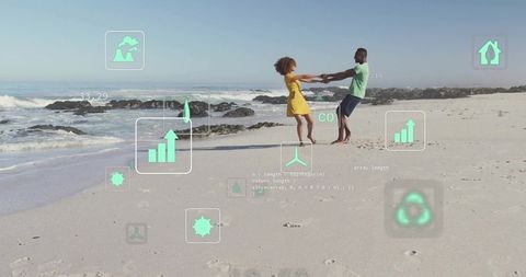 Couple Enjoying Serene Beach with Eco Icons Prioritizing Sustainability