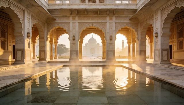 Framing sunlit mughal marble pavilion with taj mahal dome reflected in rippling pool