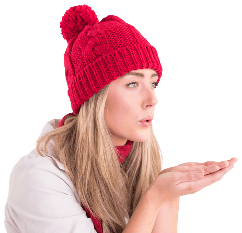 Caucasian Woman Blowing Kiss in Red Winter Hat Transparent Background