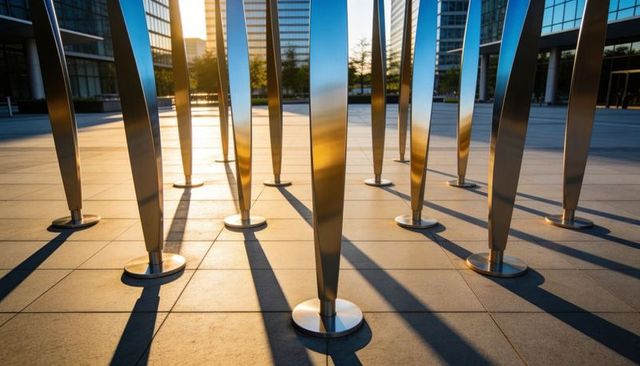 Sunlit tapered steel sculpture casting long geometric shadows across urban plaza at sunset