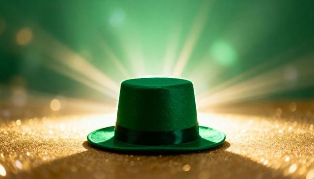 Green felt top hat on gold glitter backdrop with dramatic backlight for st patrick's day