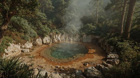 Tranquil Geothermal Hot Spring in Lush Forest Clearing
