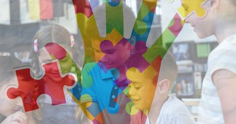 Diverse Students Collaborating with Puzzle and Hand Graphics Overlay