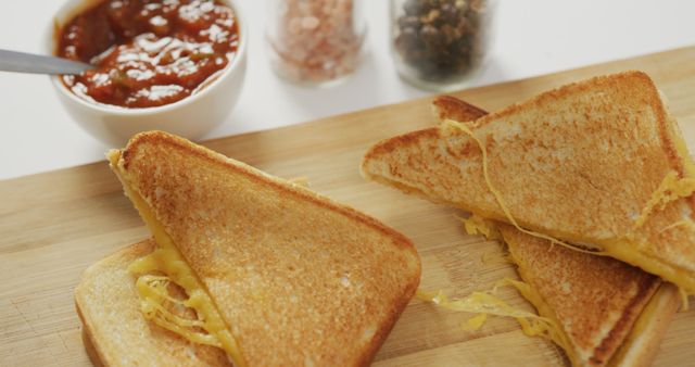 Melting cheese toasted sandwiches with tomato dip on wooden board. Perfect for lunch, a quick snack, or comfort food feel. Can be used in articles, food blogs, cooking websites, or culinary magazines.