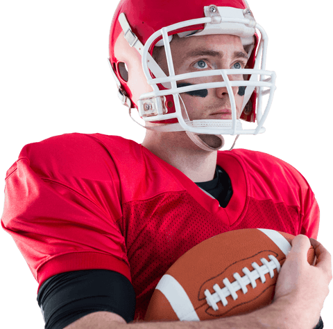 Focused american football player holding ball with transparent background