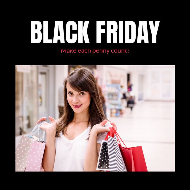 Perfect for online retailers promoting Black Friday sales and special offers, this image features a woman happily holding shopping bags. Ideal for website banners, flyers, social media ads, and email marketing campaigns targeting enthusiastic shoppers and customers takings advantage of Black Friday deals and discounts.