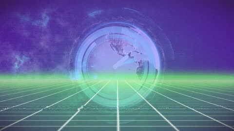 Neon Clock Animation Over Digital Network Grid