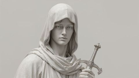 Hooded warrior with ornate sword in a mystical pose