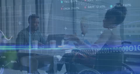 Diverse Team Discussing Business Amidst Futuristic Finance Data