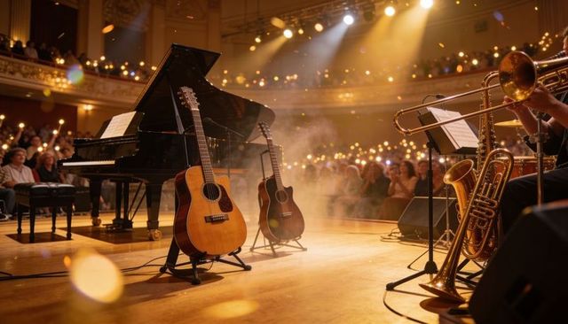 Intimate acoustic concert on ornate theatre stage featuring guitars, grand piano and brass