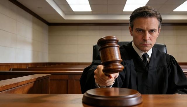 Judge holding gavel over sound block at court bench conveying authority and final judgment