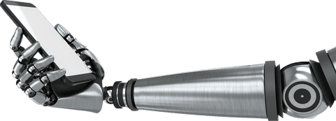 Transparent robotic arm holding smartphone in technological concept