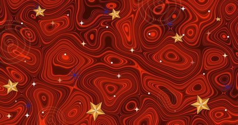 Golden stars scattered on red abstract wavy background