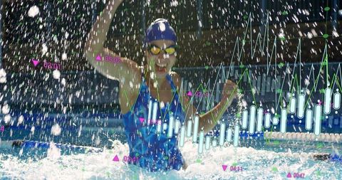 Triumphant swimmer celebrating with explosive splash and sports analytics overlay