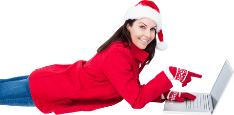 Transparent Santa Hat Woman Pointing at Laptop