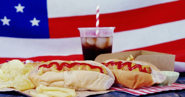 Hot Dogs with Fries and Cola in Front of American Flag - Download Free Stock Images Pikwizard.com