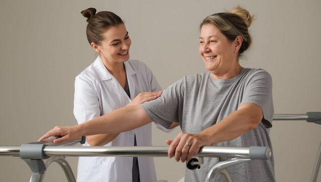 Therapist Guiding Senior Patient with Mobility Exercises in Rehabilitation Room