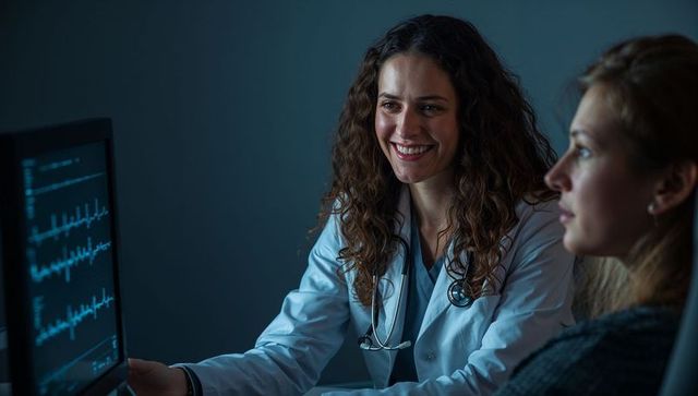 Female doctor analyzing ecg with patient in dark medical room
