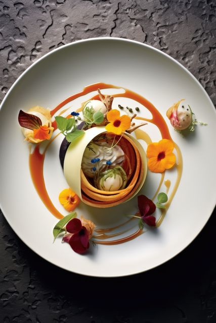 Elegant dessert with creative floral decorations and cream designs, perfect for culinary blogs, gourmet magazine features, high-end restaurant promotions, and upscale menu designs.