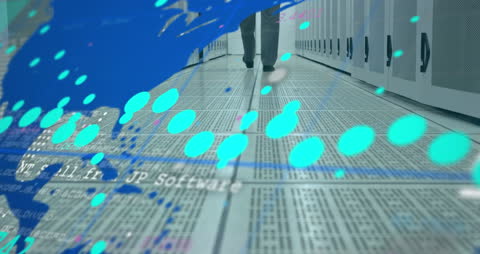 Businessman Walking in Futuristic Server Room with Data Overlay