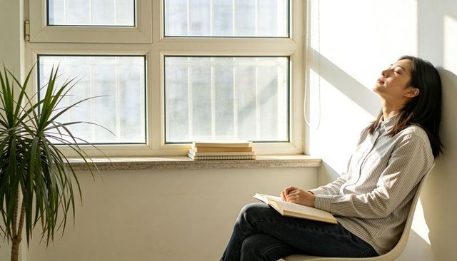 Sunlit asian woman reading book by window in minimalist neutral interior