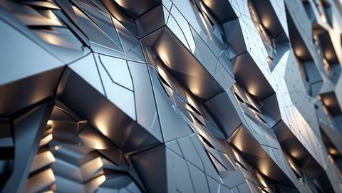 Abstract metallic geometric panels with warm lighting