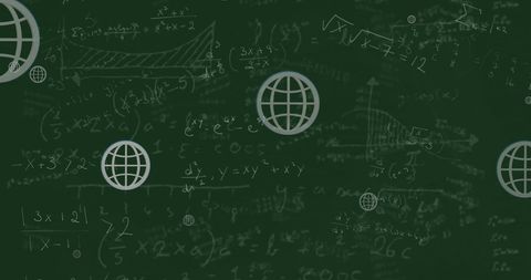 Chalkboard filled with mathematical equations and diagrams