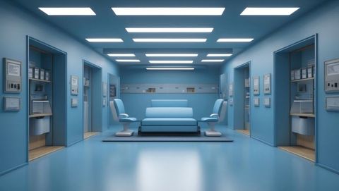 This concept depicts a futuristic mental institution room with a minimalist design. Ideal for illustrating technological advances in healthcare environments. Suitable for use in publications about modern medical interior design, mental health innovation, or future corporate banners.