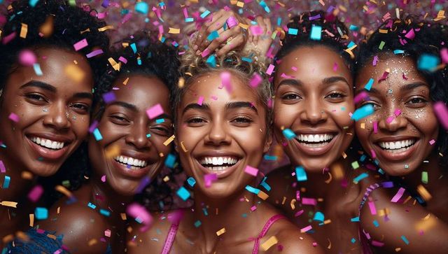 Smiling African American women celebrating with confetti and glitter, joyful portrait
