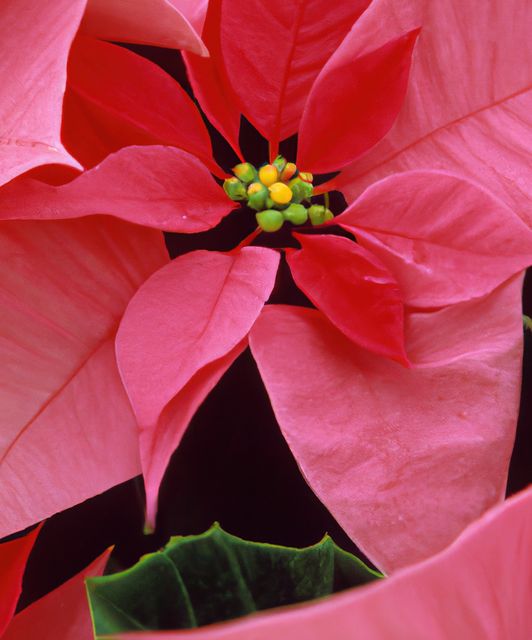 Captures intricate details of a pink poinsettia's vibrant petals and central florets. Ideal for holiday decorations, nature-themed publications, gardening magazines, and floral advertisements. Also suitable for educational materials on botany and plant identification.