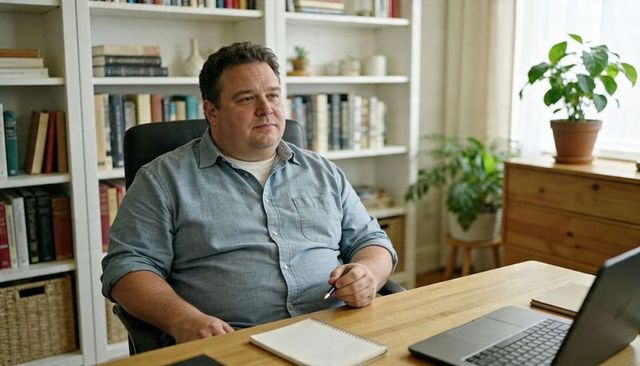 Thoughtful man holding pen at home office desk with laptop and bookshelf in natural light