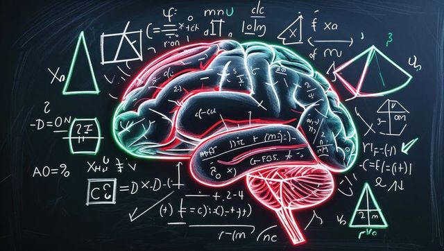 Neon brain with mathematical formulas on chalkboard