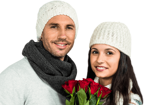 Transparent Background: Smiling Couple with Roses in Winter Attire