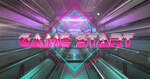 Neon 'Game Start' in Futuristic Spaceship Corridor