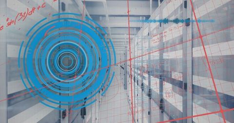 Futuristic Data Center with HUD Display and Red Grid Overlays
