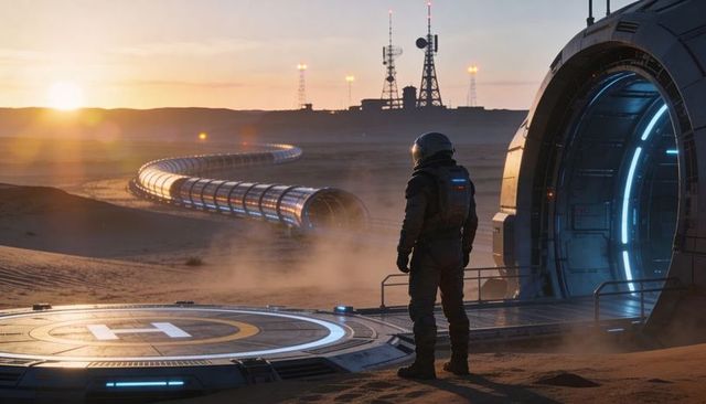 Eva-suited astronaut standing on helipad observing transit conduit at desert sunrise