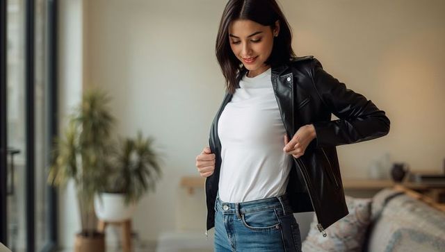 Young woman putting on black leather jacket over white tee in sunlit modern apartment